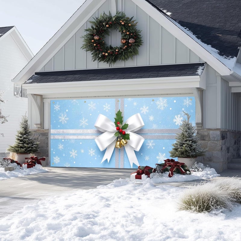 IVN Christmas Garage Door Banner 6x13 ft Blue Snowflake Gift Wrap with White Ribbon and Silver Bells Backdrop Decorative Holiday Christmas Garage Door Cover Mural Winter Scene Photo Backdrop - Image 5